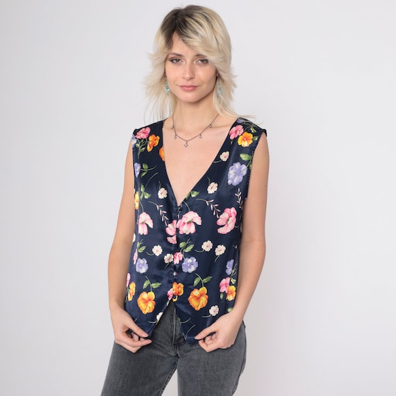 90s Pajama Tank Top Floral Satin Lingerie Pajama Shirt Navy Blue Pajamas Top V Neck Button Up Sleep Shirt Vintage 1990s Medium
