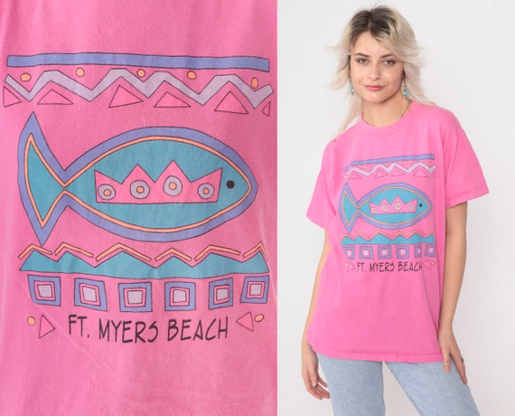 90s Fort Myers Beach T-Shirt Hot Pink Tropical Fi… - image 1
