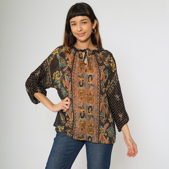 Vintage Boho Peasant Blouse 70s Black Brown Floral Print Dolman Sleeve Top 1970s Festival Hippie Poet Shirt Keyhole Ruffle Neck Medium