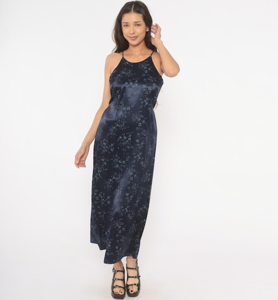 90s Midnight Blue Dress Prom Floral Slip Satin Flower Print Tie Back Gown Dark Cottagecore Summer Evening Cocktail Party Vintage Small S
