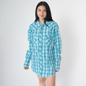 Vintage Wrangler westernshirt Y2K blauw geruit overhemd met pareldrukknoop geruit lange mouw button-up rodeo cowboy ruit jaren 00 extra groot xl