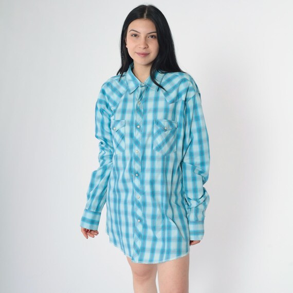 Vintage Wrangler Western Shirt Y2K Blue Plaid Pearl Snap Shirt Checkered Long Sleeve Button Up Rodeo Cowboy Check 00s Extra Large xl