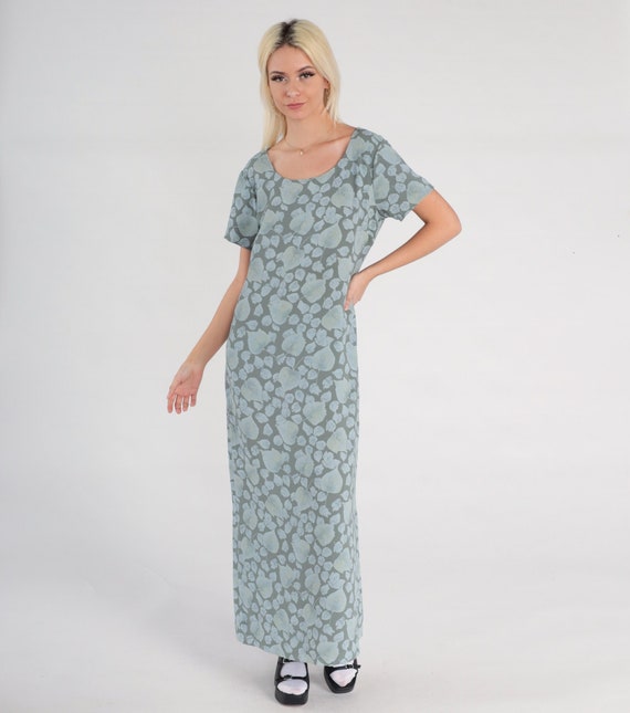 Botanical Maxi Dress Y2K Leaf Print Dress Grey Blue Boho Short Sleeve Summer Dress Vintage 00s Liz Claiborne Large