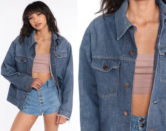 70s Denim Jacket Jean Jacket Blue Biker Vintage Oversized Bohemian 1970s Hipster Button Up Roebucks Medium