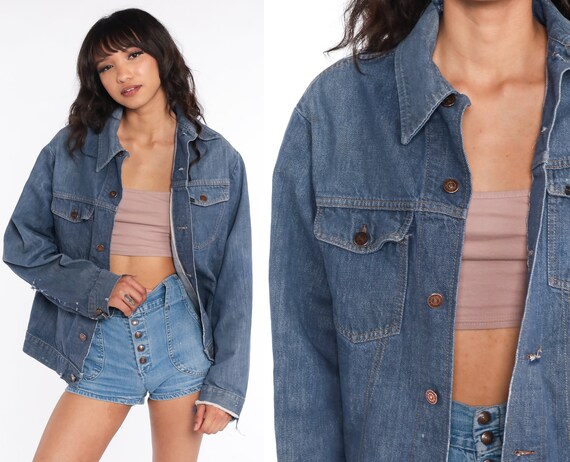 70s Denim Jacket Jean Jacket Blue Biker Vintage Oversized Bohemian 1970s Hipster Button Up Roebucks Medium