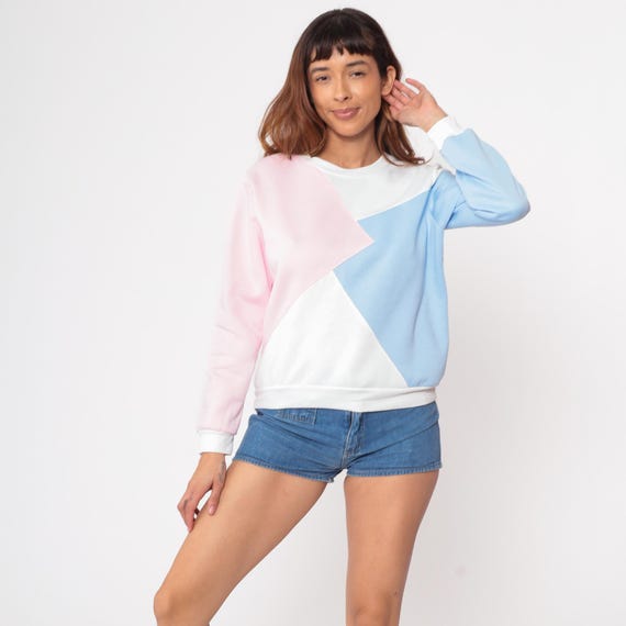Pastel Color Block Sweatshirt 90s Geometric Pink Blue White Y2K Soft Girl Aesthetic Crewneck Raglan Sleeve Vintage Kawaii Medium M