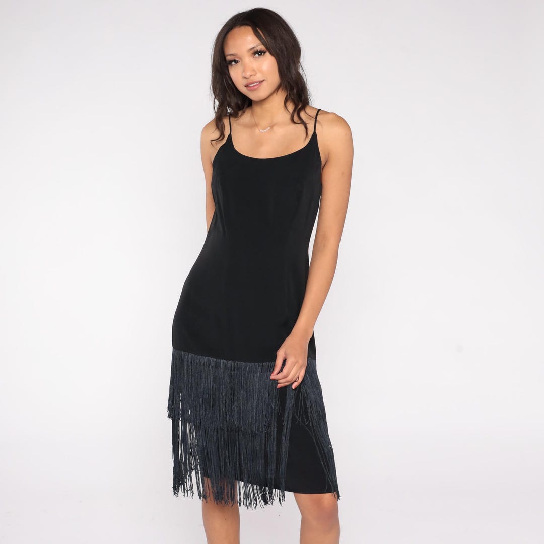 black fringe flapper dress 90s Inspired Slip Dress Cocktail Flapper Party Dress Minimalist Y2K Evening Dress Roaring 20s New Years Small S Color:Black over nude and steal the spotlight Skirts & Dresses The Shirt Dress –