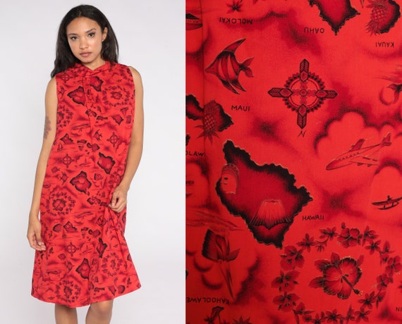 Tropical Hawaiian Dress 70s Red Island Print Shift Travel Floral Fish Pattern Mock Neck Retro Vintage Sleeveless Bohemian 1970s Large L
