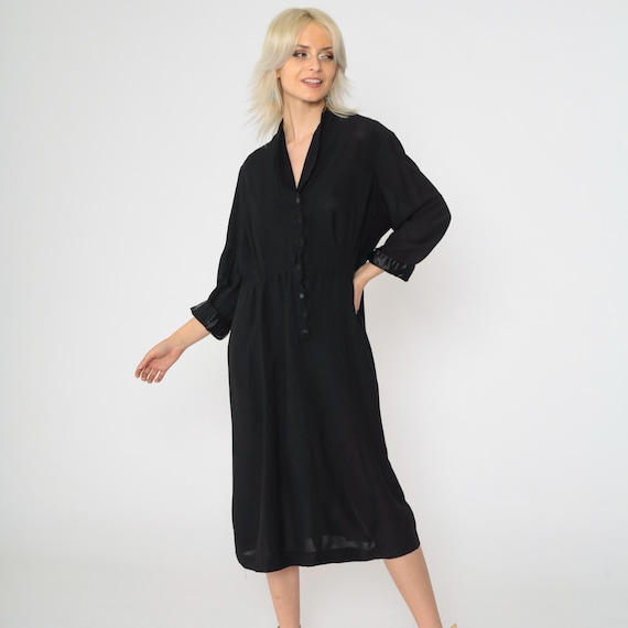 Vintage 1960s Black Midi Dress Shawl Collar 3/4 Sleeve Button Up High Waist Vintage 60s Minimalist Mad Men Long Sleeve Dress Large xl