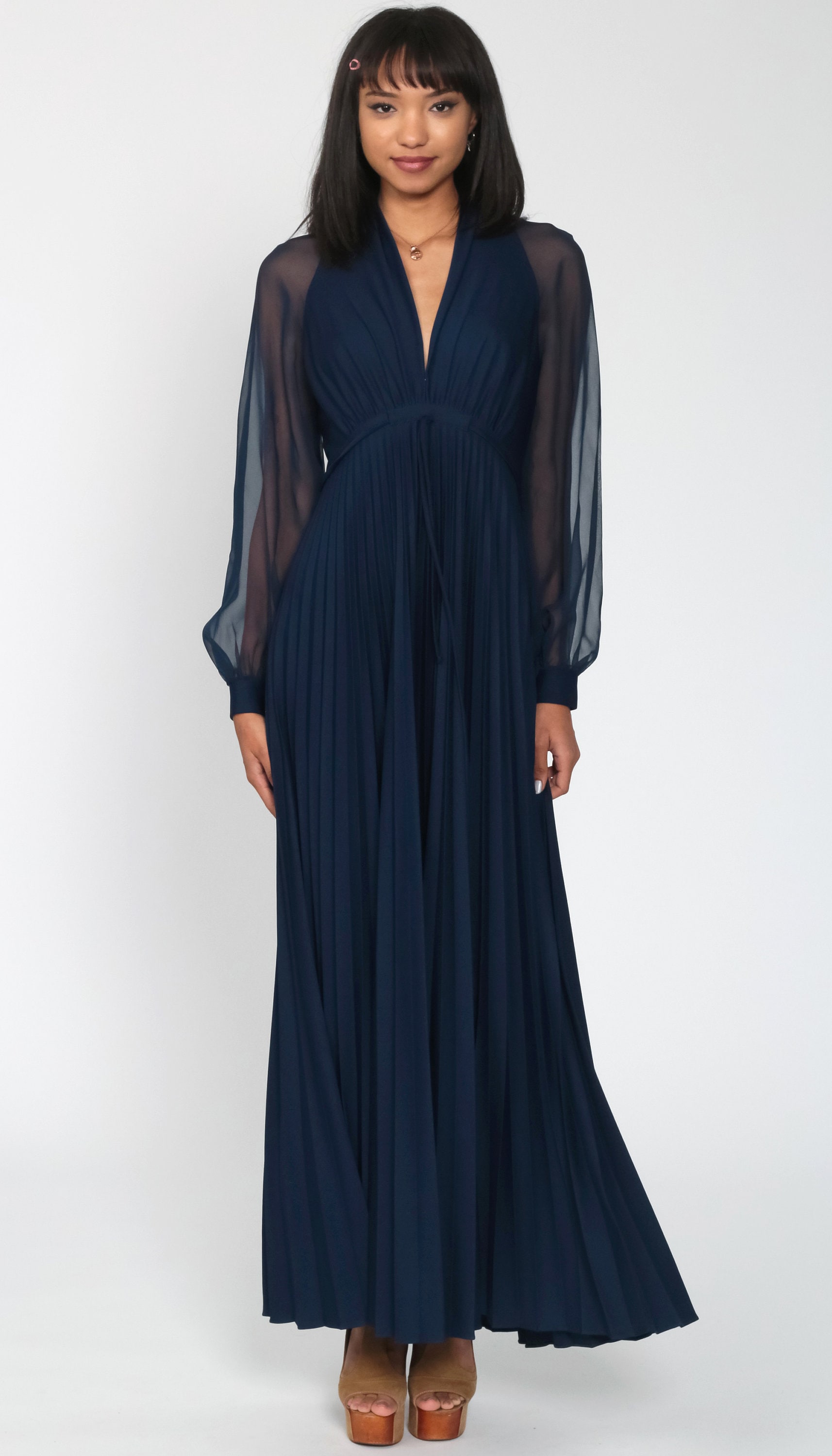 Grecian Maxi Dress -- 70s Party Sheer Chiffon Sleeve Navy Blue Pleated Dress 1970s Boho Empire