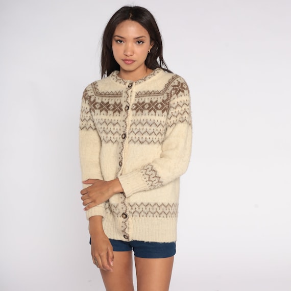 Fair Isle Cardigan 80s Cream Wool Button Up Sweater Retro Norwegian Sweater Knit Nordic Cozy Natural Brown Fall Vintage 1980s Extra Small xs