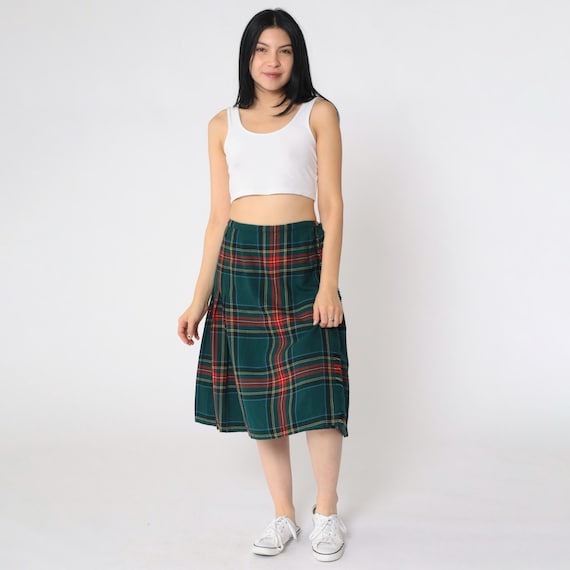 Vintage Plaid Midi Skirt 70s Green Wool Skirt Pleated Tartan High Waisted Brown Preppy Checkered Retro 1970s Small S