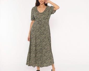 90s Floral Maxi Dress Black Cream Rose Button Front Short Sleeve Prairie Cottagecore Garden Party Grunge Alt Gothic Vintage Women's Medium M