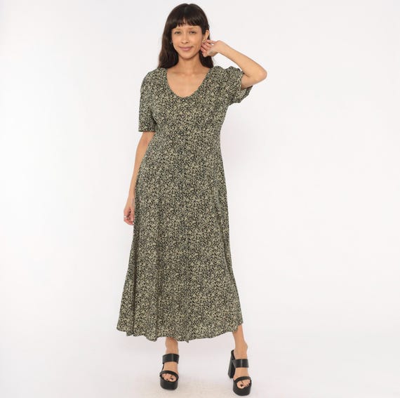 90s Floral Maxi Dress Black Cream Rose Button Front Short Sleeve Prairie Cottagecore Garden Party Grunge Alt Gothic Vintage Women's Medium M