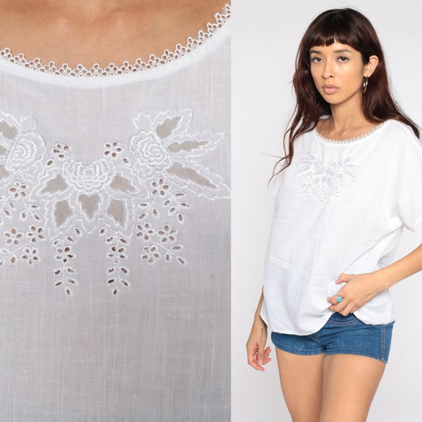 White Cutout Blouse Eyelet Embroidered Top Sheer Top Boho Blouse Floral Shirt Lace Cut Out Top 80s Bohemian Cutwork 1980s Festival Large L