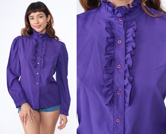 Purple  Ruffle Blouse 80s Tuxedo Button Up Top Ro… - image 1