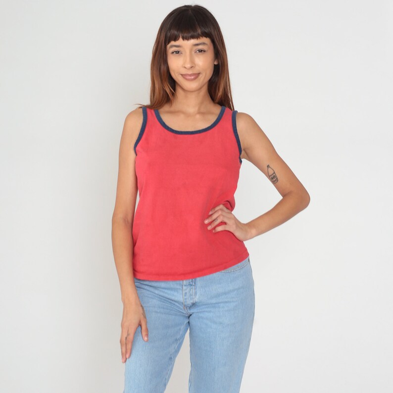 Red Tank Top 80s Ringer Tee Shirt Sleeveless T-Shirt Retro Basic Plain Solid Summer Sporty TShirt Solid Single Stitch 1980s Vintage Medium M image 2