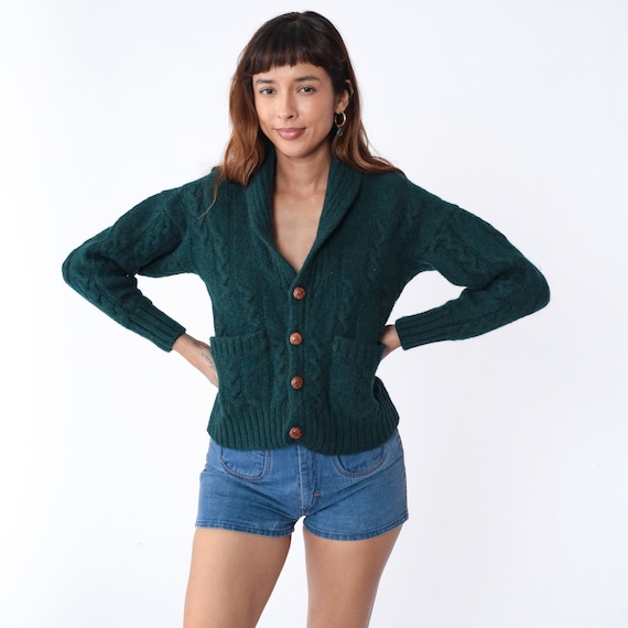 Cable Knit Cardigan 80s Dark Green Wool Sweater Wooden Button Up Grandpa Chunky Cableknit Cozy Fall Winter Basic Plain Vintage 1980s Small S