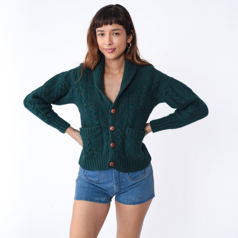 Cable Knit Cardigan 80s Dark Green Wool Sweater Wooden Button Up Grandpa Chunky Cableknit Cozy Fall Winter Basic Plain Vintage 1980s Small S image 2