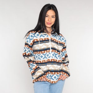 Fleece Sweatshirt 90s Pullover Half Zip Jacket Striped Geometric Print Cozy Jacket Sweater Retro Blue White Orange Vintage 1990s Medium M