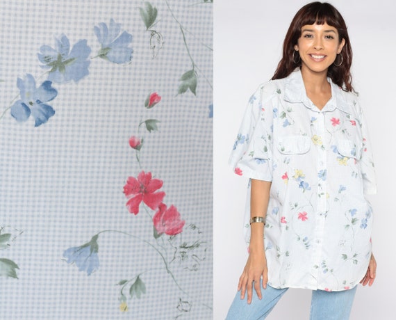 90s Floral Blouse Gingham Button Up Shirt Blue 80s Short Sleeve Top Grunge Boho 1990s Vintage Collared Shirt Flower Print 20W 2xl xxl