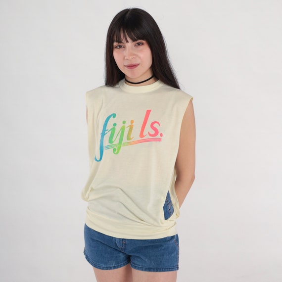 Fiji Islands Shirt 80s Muscle Tee Tourist Travel Graphic Tank Top Tropical Vacation Surfer T-Shirt Banded Hem TShirt Vintage 1980s Small S