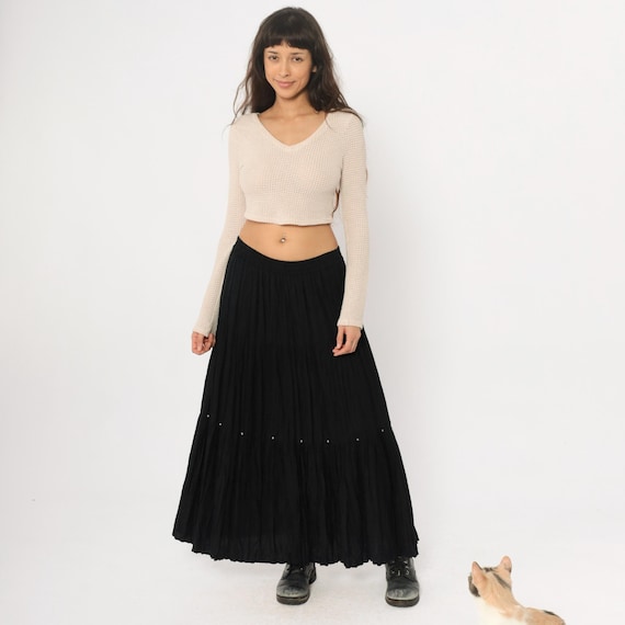 90s Black Maxi Skirt Tiered Pleated Studded Southwestern Prairie Gothic Layered Elastic Waist Bohemian Alternative Grunge Vintage Large L