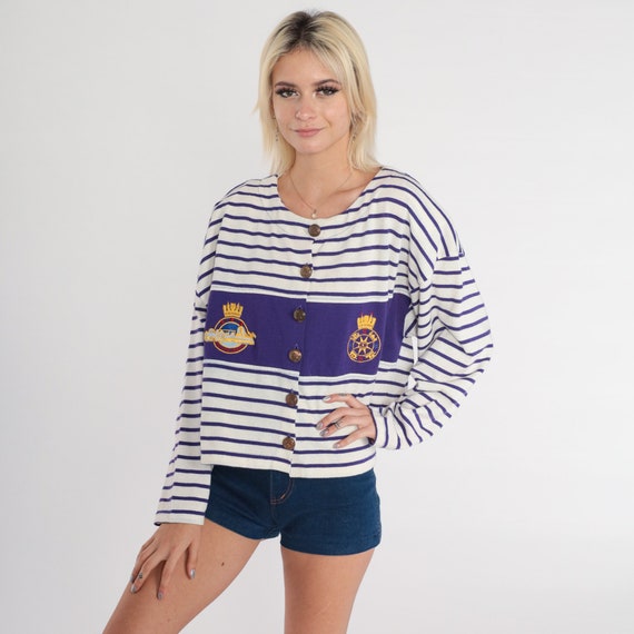 Nautical Shirt 90s Royal Navy Button up Top White Purple Striped Long Sleeve Embroidered Compass Crest We Come Unseen Vintage 1990s Medium M