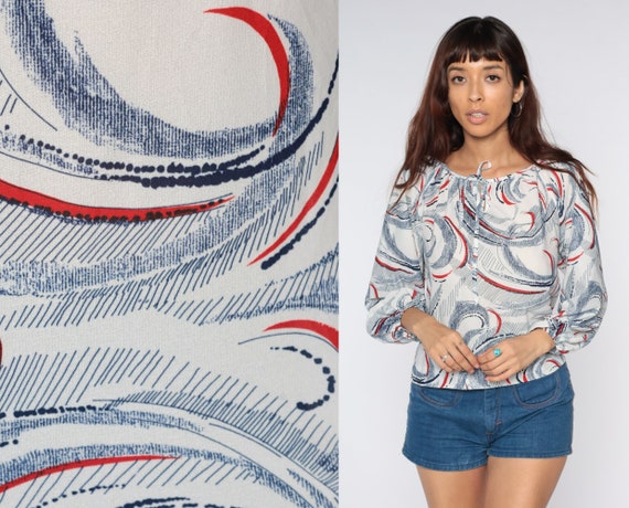 Boho Hippie Blouse 70s Swirl Shirt Brushstroke Print 1970s Blouse Bohemian Keyhole Necktie Retro Vintage Long Sleeve Shirt White Medium