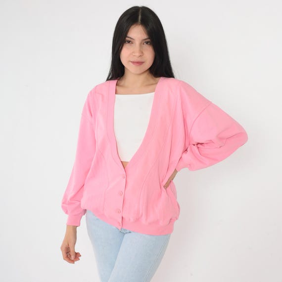 Vintage Pink Cardigan Sweatshirt 90s Button Up Sweatshirt V Neck Plain Retro Solid Sporty Sweater Streetwear 1990s Oversized Petite Small S