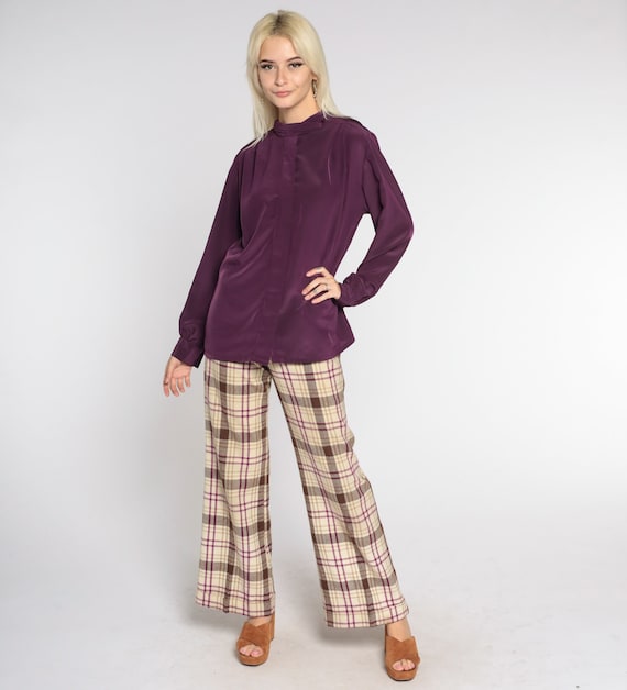 Eggplant Blouse 80s Purple Pendleton Shirt Long Sleeve High Neck Top Hidden Button up Retro Secretary Top Simple Basic Vintage 1980s Large L