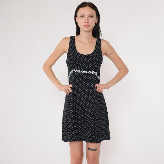 90s Babydoll Dress Polka Dot Mini Black and White Daisy Floral Trim 1990s Grunge Empire Waist Sleeveless Vintage Dolly Minidress Small