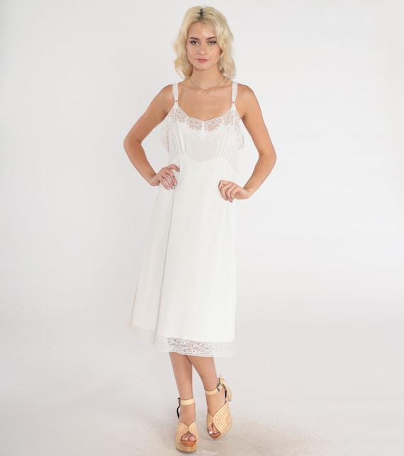 White Slip Dress 70s Lace Trim Lingerie Nightgown Midi Full Slip Empire Waist Adjustable Spaghetti Strap Nylon Bridal Vintage 1970s Medium M