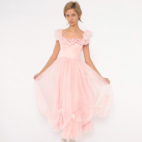70s Pink Party Dress Swiss Dot Sheer Ruffle Neckline Lace Trim Off Shoulder Prom Gown Midi Fairy Coquette Vintage Extra Extra Small XXS