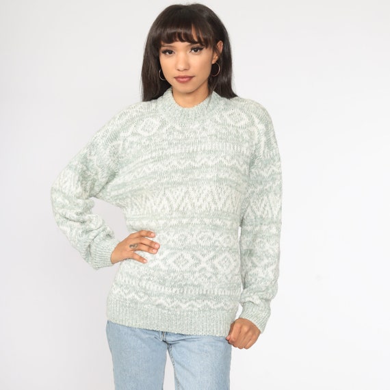 90s Geometric Sweater Green Cotton Ramie Sweater Print Knit Jumper 1990s Hipster Vintage Pullover Large