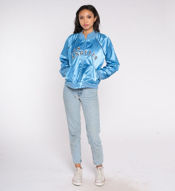 Baby blue satin bomber jacket clearance