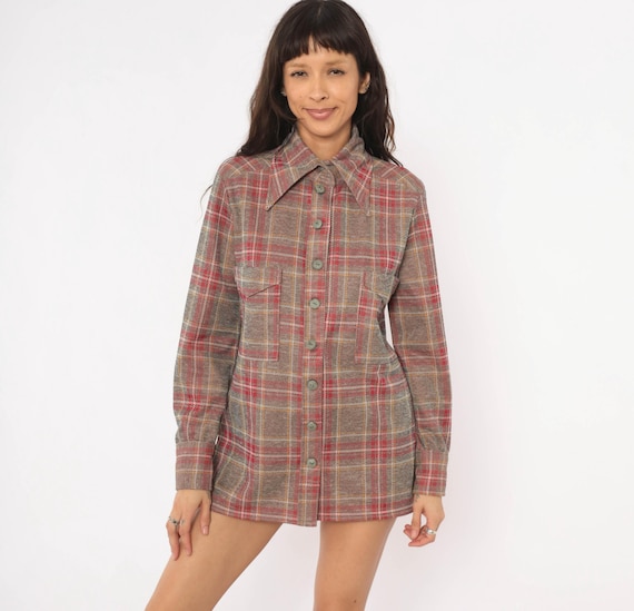 70s Plaid Shacket Grey Red Button Front Pointed Collar Flannel Shirt Jacket Long Sleeve Warm Autumn Fall Layering Top Vintage Women Medium M