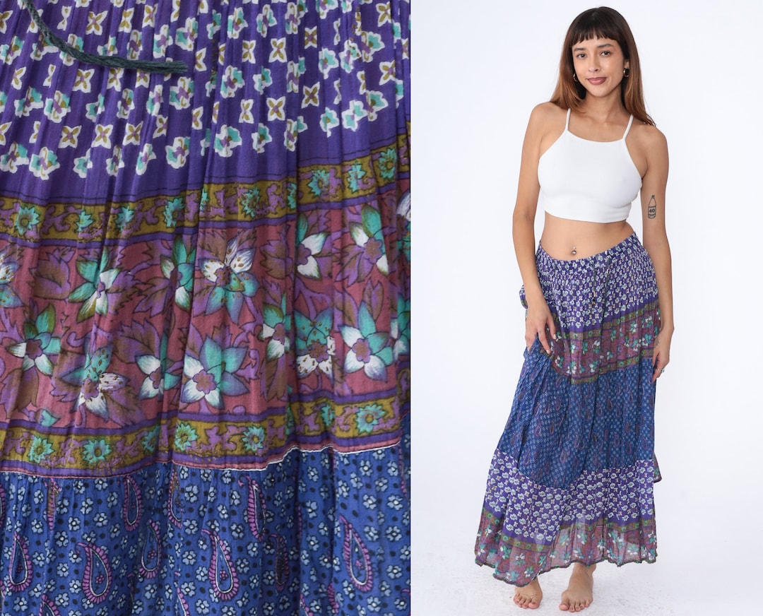 90s Broomstick Skirt Boho Floral Paisley Print Maxi Crinkle Etsy
