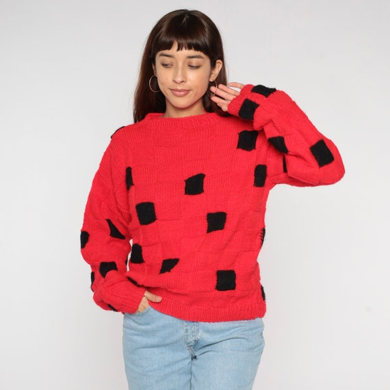 Checkered Sweater 80s Red Black Knit Sweater Retro Crewneck Pullover Boho Slouchy Basic Hipster Geometric Vintage 1980s Acrylic Medium Large
