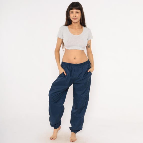 Navy Nike Windbreaker Pants 90s Nylon Track Joggers Running Drawstring Dark Blue Athletic Tapered Sporty Streetwear Vintage Trousers Large L