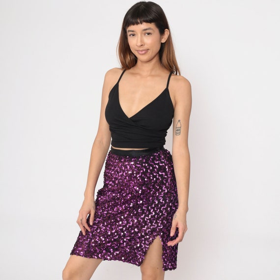 80s Sequin Skirt Purple Side Slit Party Going Out Pencil Skirt Disco Skirt High Waisted Mini Retro Vintage Cocktail Skirt 1980s Small S 4