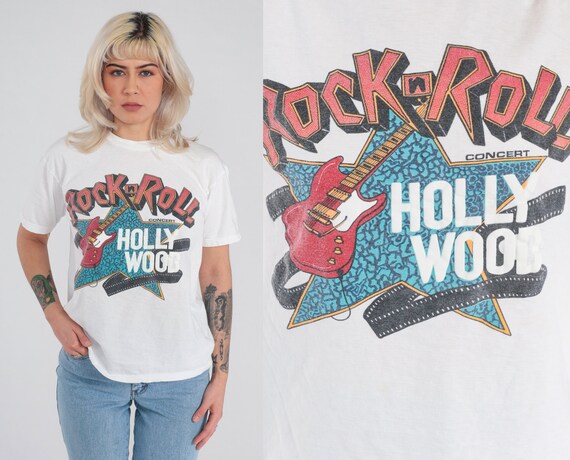 Rock n Roll Shirt 90s Hollywood T-Shirt Music Guitar Graphic Concert Tee Los Angeles Rocker TShirt California White Vintage 1990s Medium M