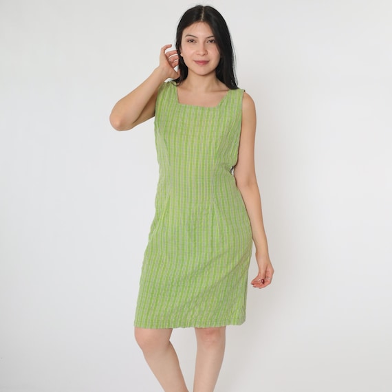 Vintage Checkered Sheath Dress 90s Green Mini Dress Plaid Print Square Neck Sleeveless Dress Sheath Pencil Small