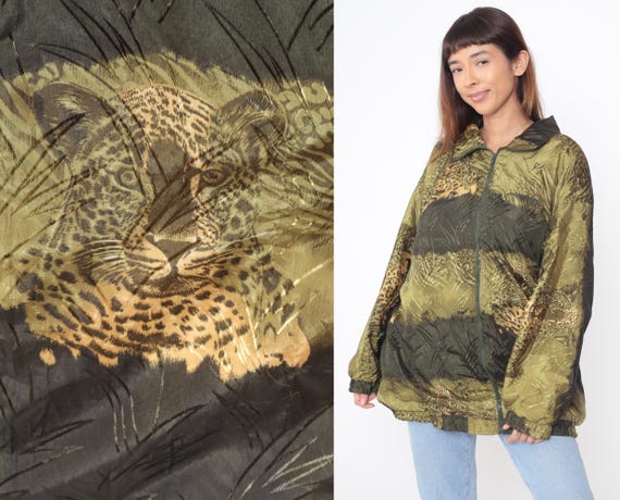 90s Leopard Print Windbreaker Safari Animal Print Zip Front Jacket Oversized Jungle Grass Pattern Green Brown Tan Vintage Extra Large XL