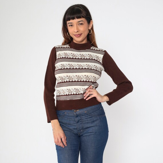 Leaf Print Sweater 70s Pullover Knit Mockneck Sweater Brown White Striped Mock Neck Boho Jumper Top Acrylic Vintage 1970s Extra Small xs
