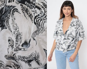 Marbled Swirl Shirt 90s Black White Double Breasted Button Up Blouse Abstract Print Top Short Sleeve ]Vintage 1990s Oversized Medium M