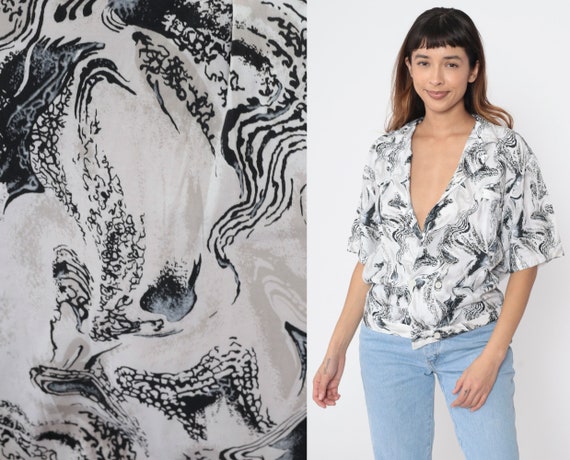 Marbled Swirl Shirt 90s Black White Double Breast… - image 1