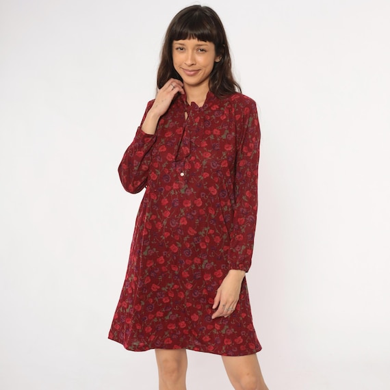 80s Prairie Dress Dark Floral  Burgundy Wine Long Sleeve Tie Neck Bow Collar Cottagecore Vintage Fall Autumn Modest Day Loungewear Medium M