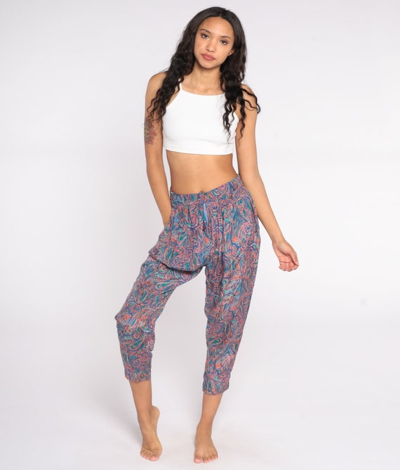 Tapered Paisley Trousers 80s Cropped Pants Capri Pants Baggy Slacks High Waisted Trousers Print 1980s Vintage Medium 8