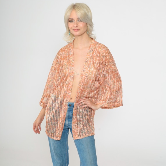 Vintage 70s Sheer Paisley Kimono Jacket Peach Gold Boho Hippie Wrap Top Wide Sleeve Lightweight Festival Layer Medium Large